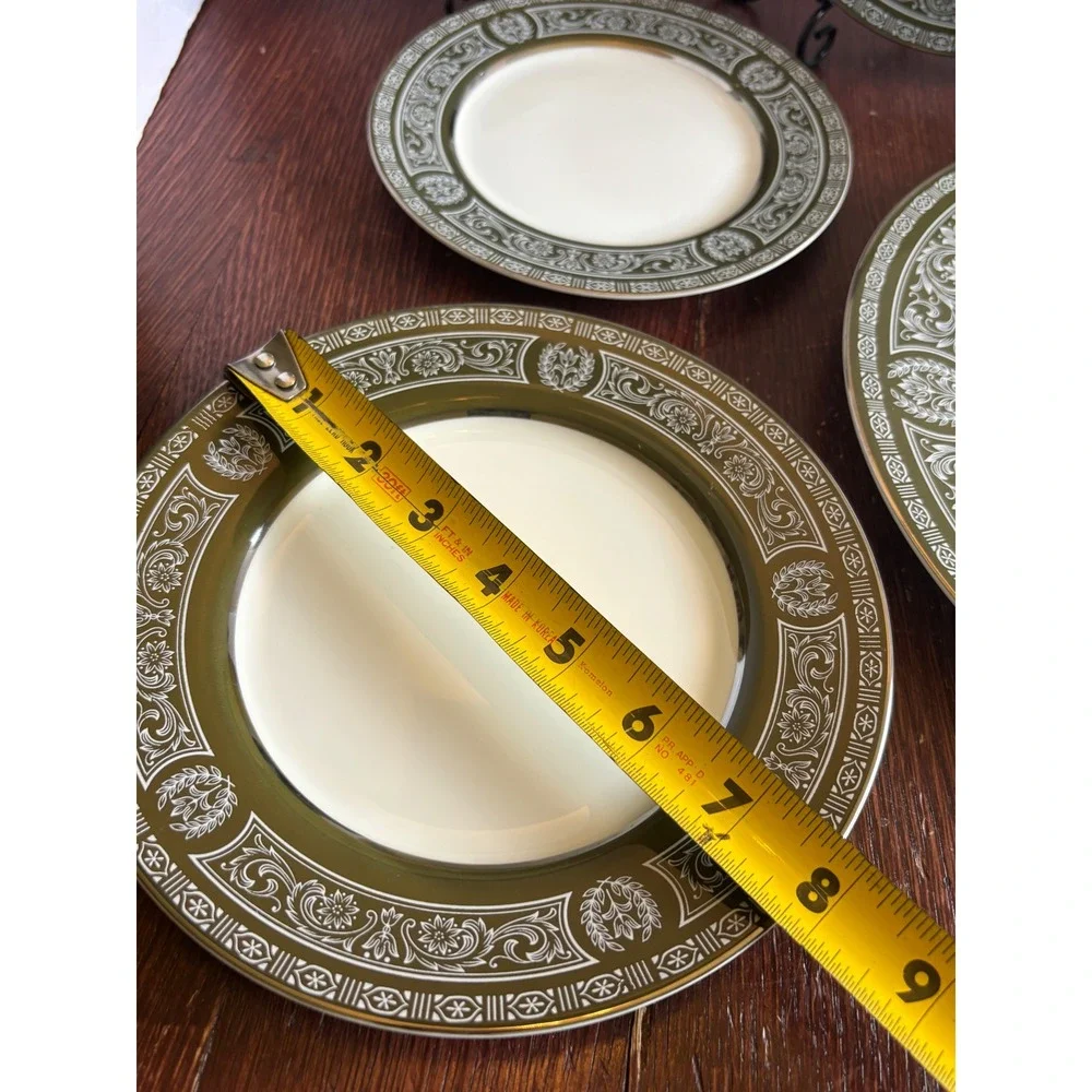 Sango Forest Damask 3544 Fine China Plate Set Olive Green Gold Trim Japan 6pc